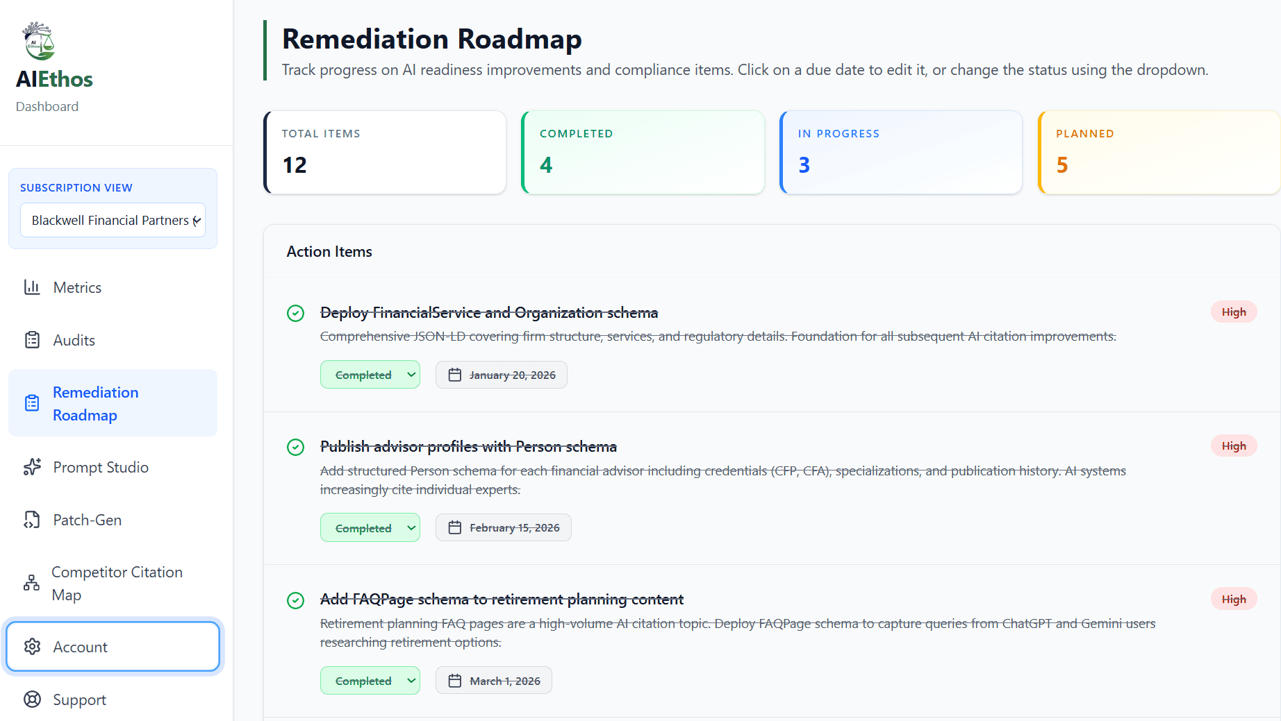 AIEthos remediation roadmap with prioritized action items and status tracking